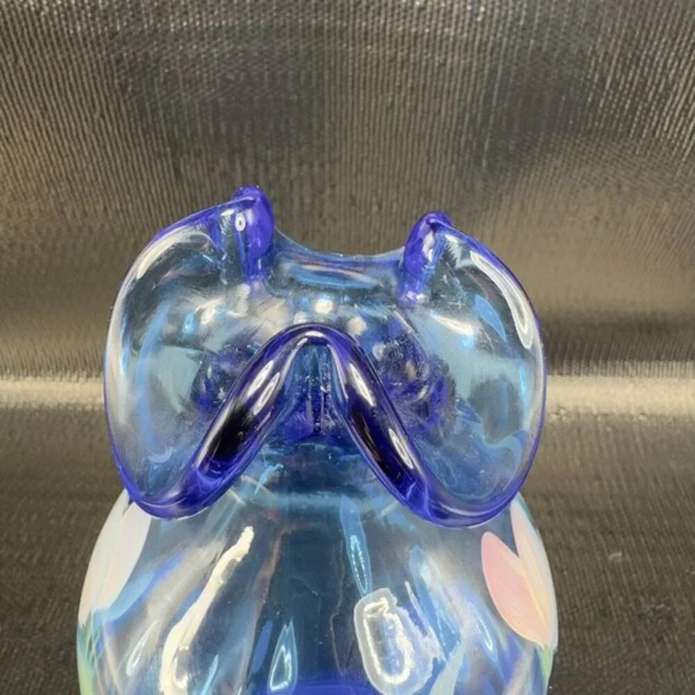 Vintage Fenton Art Glass Vase‎ Vessel Blue Hand Painted Flowers W Sticker Vase